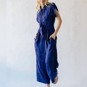 Bucket List Satin Blue Jumpsuit - Size  S